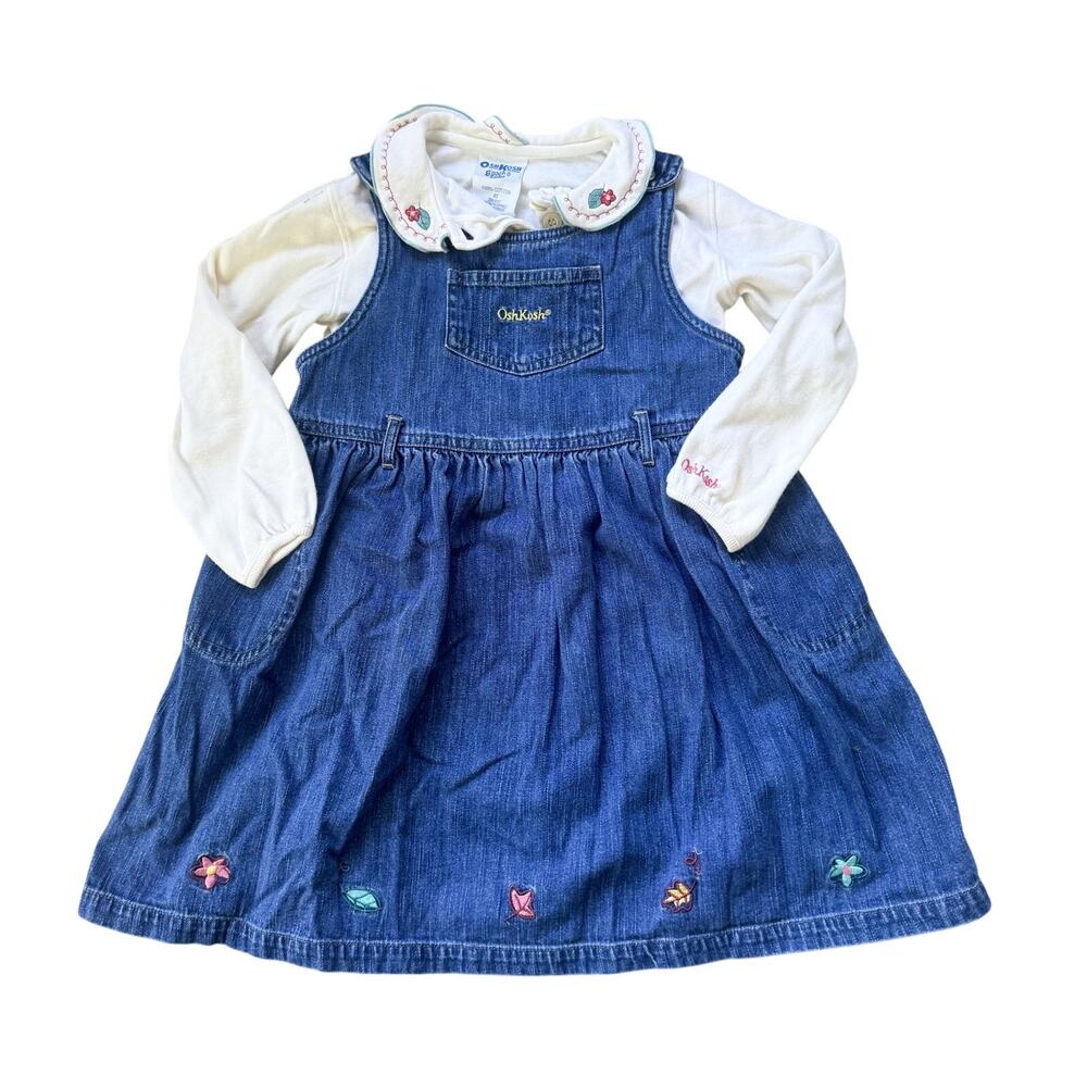 Vtg y2k OshKosh B'Gosh Denim Jumper Dress + Embroidered Floral Collar Shirt 4T
